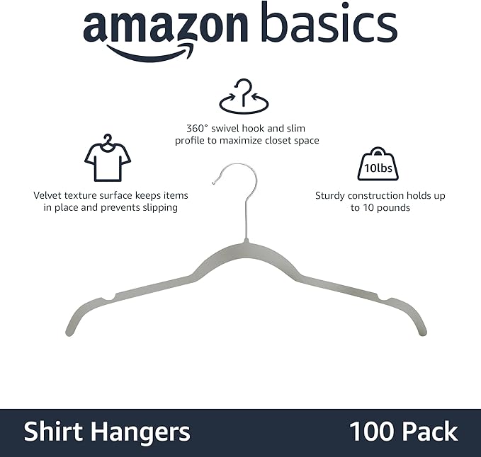 Amazon Basics Non-Slip Shirt Clothes Hangers Velvet, Space-Saving Slim, Sturdy, Pack of 100, Gray/Silver