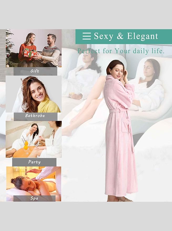 Artfasion Womens Long Fleece Robe - Warm Soft Floor Length Flannel Bathrobes for Winter Thicker Long House Coat with Pockets