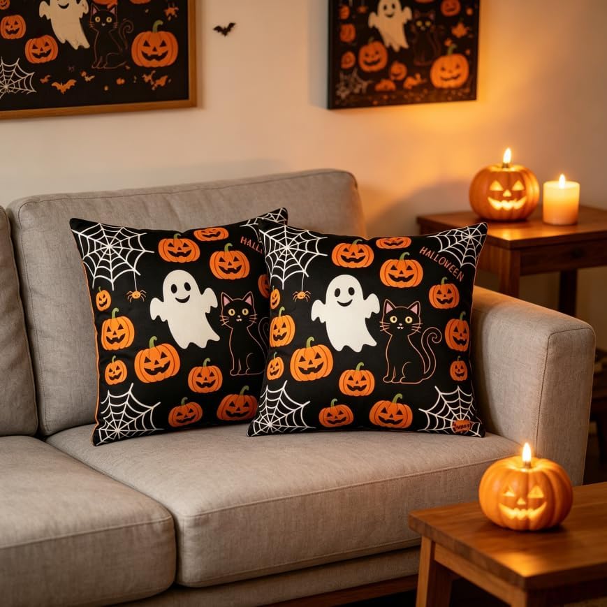 Halloween Throw Pillow Covers, Ghost Pumpkin Spider Web Black Cat Design - Image 5