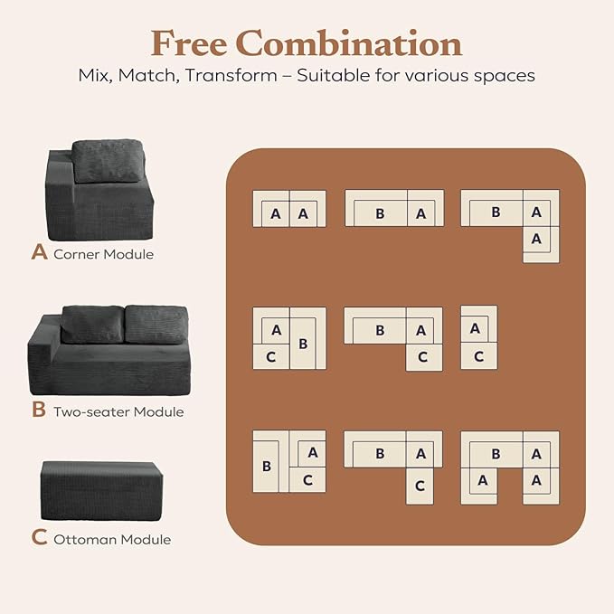 106" Cloud Sectional Couch, Left/Right Facing Convertible Sofa with Deep Seat, L-Shape Modular Upholstered Foam Couch for Living Room Bedroom, No Assembly Required (Corduroy Fabric, Grey)