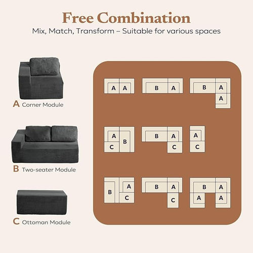 106" 3-Seater Sofa, Cloud Modular Sofa with Certified Foam, Upholstered Floor Sofa with Deep Seat, Upholstered Sofa for Bedroom Living Room, No Assembly Required (Corduroy Fabric, Grey)