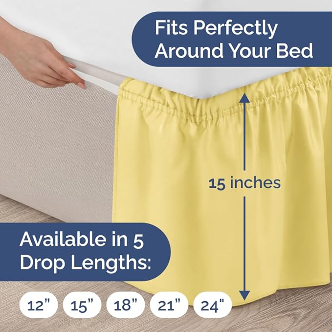 Wrap Around Dust Ruffle Bed Skirt - Yellow - for Full Size Beds with 15 Inch Drop - Easy Fit Elastic Strap - Adjustable Pleated Bedskirt w/Brushed Fabric - Wrinkle Free - for Women, Men, Kids & Teens