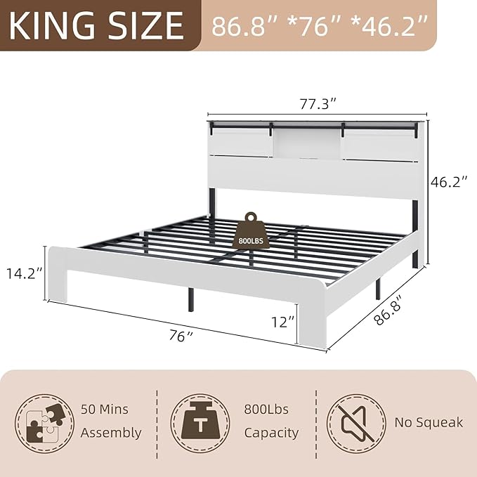 King Wood Bed Frame, Sliding Barn Door Storage Headboard with LED Lights and Charging Station, Farmhouse Wood Platform Bed with Metal Slat Supports, No Box Spring Required, Noiseless, White