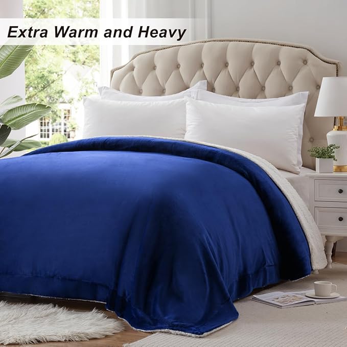 KAWAHOME Sherpa Fleece King Size Blanket for Bed - Extra Warm and Heavy Thick Blankets for Winter, Super Soft 500GSM Plush Blanket, 108" X 90" Navy Blue