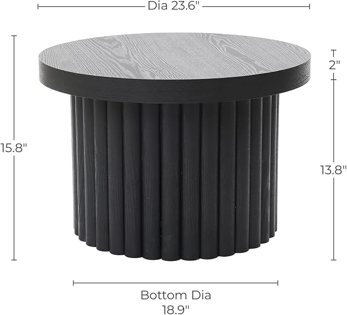LuxenHome End Table, 23.6" Wide Black Wood Fluted Round Coffee Table Modern Side Tables for Living Room Round Wood Small Accent Tables for Bedroom