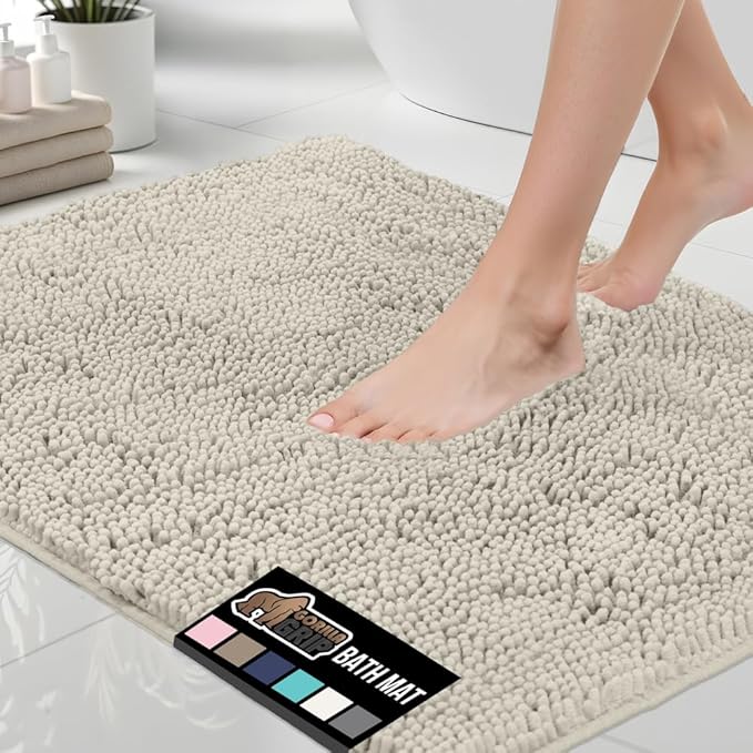 GORILLA GRIP Bath Rug Mat 30x20, Soft Absorbent Chenille, Quick Dry Microfiber Mats, Rubber Backing Washable Shower Floor Rugs, Bathmat Runner, US Designed Bathroom Home Decor Accessories Ivory Cream