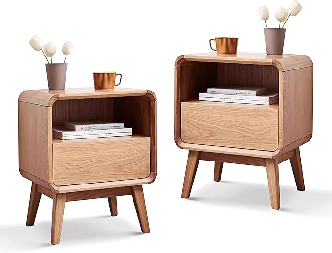 100% Solid Wood Nightstand Set of 2, Small Night Stand with Drawer and Open Shelf, Natural Wood Nightstand, Mid Century Modern Night Stand, Wooden Bedside Table for Bedroom(20.47" H)