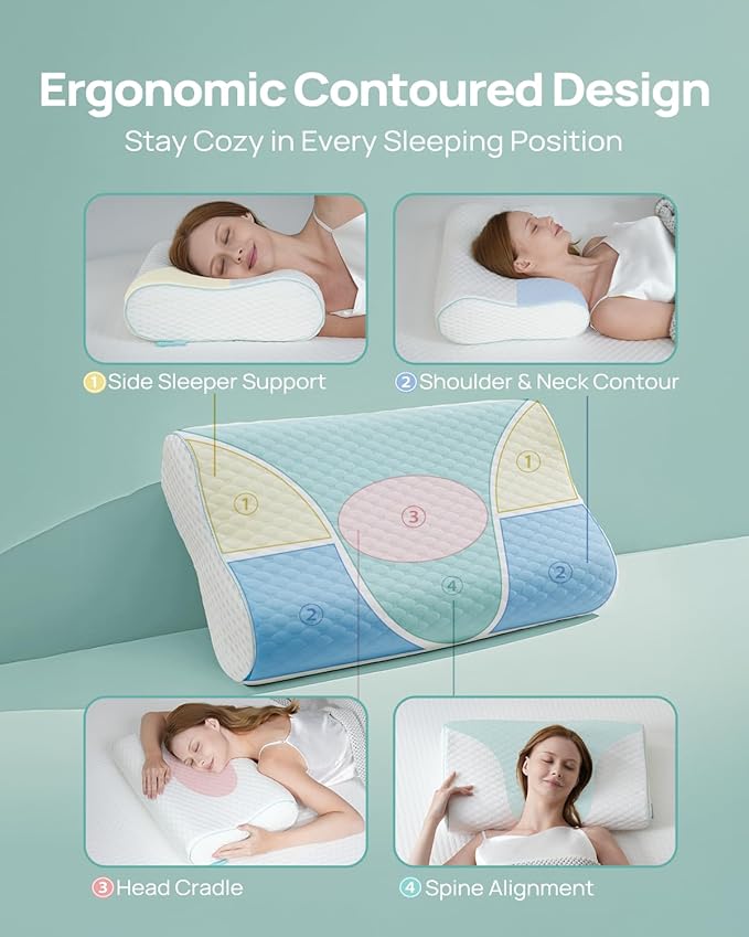 Cervical Neck Pillow, Side Sleeper Pillow for Neck Pain Relief, Adjustable Contour Pillow for Sleeping, Ergonomic Memory Foam Pillow, Orthopedic Cooling Pillow Back Stomach Sleeping, Queen Soft