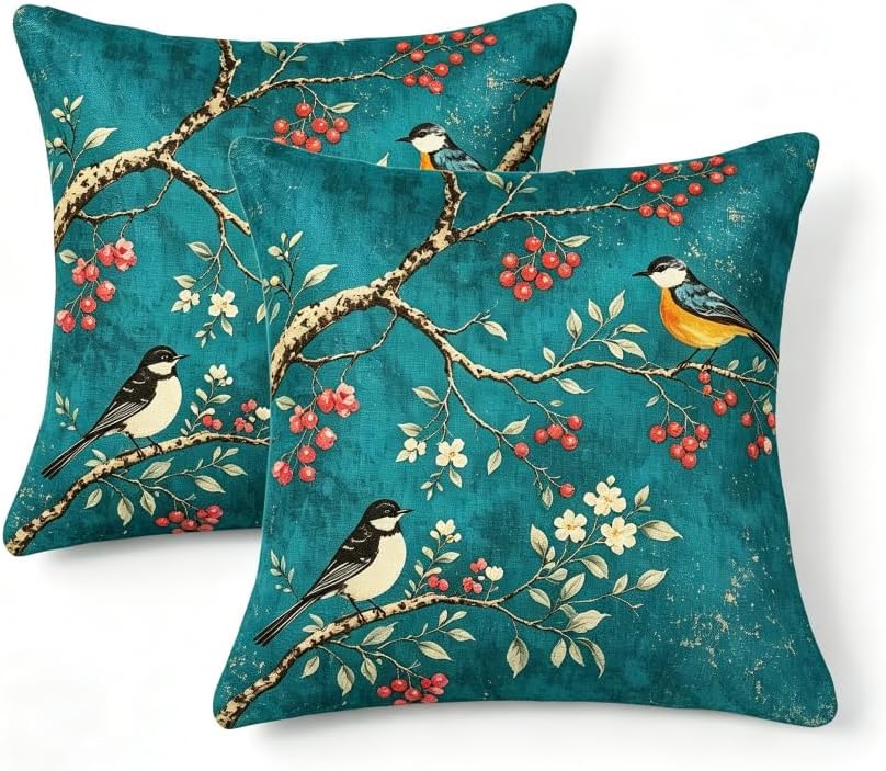 18x18 Inch Linen Vintage Teal Bird Throw Pillow Covers Set of 2 by Unknown