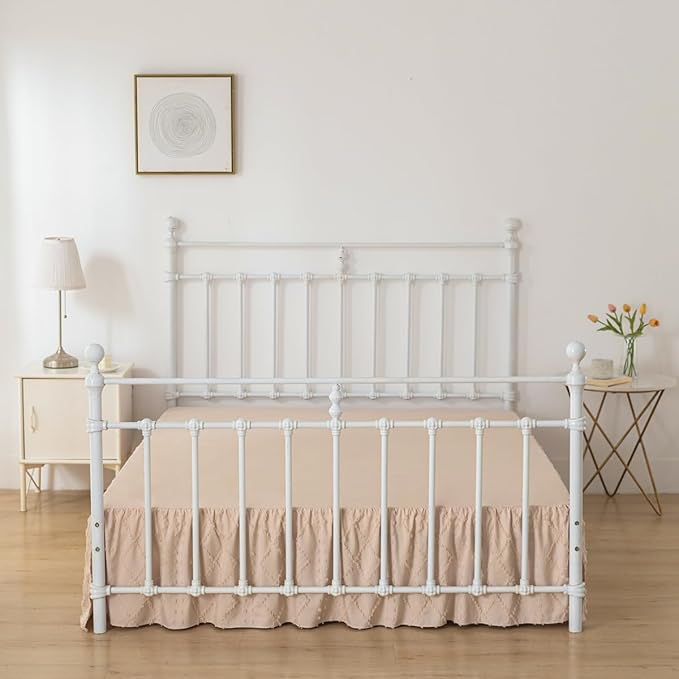 Bed Skirt Queen Size Ruffled Bed Skirt with Split Corners, 12 Inch Drop Dust Ruffle Bed Skirts with Platform, Boho Tufted Shabby Chic Queen Size Bed Skirts, Cream