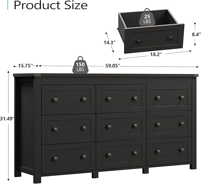 Dresser for Bedroom with 9 Drawers, Farmhouse Wood Chest of Drawers, Wide TV Stand Closet Storage Furniture with Metal Handle, Modern Clothes Organizer for Hallway, Living Room, Entryway, Black