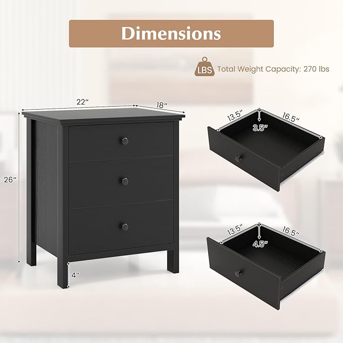 Giantex Nightstand with 3 Drawers, Wooden Side End Table with Solid Wood Legs, Retro 3-Drawer Bedside Table Night Stand for Bedroom Home Office Small Space, Easy Assembly, Black
