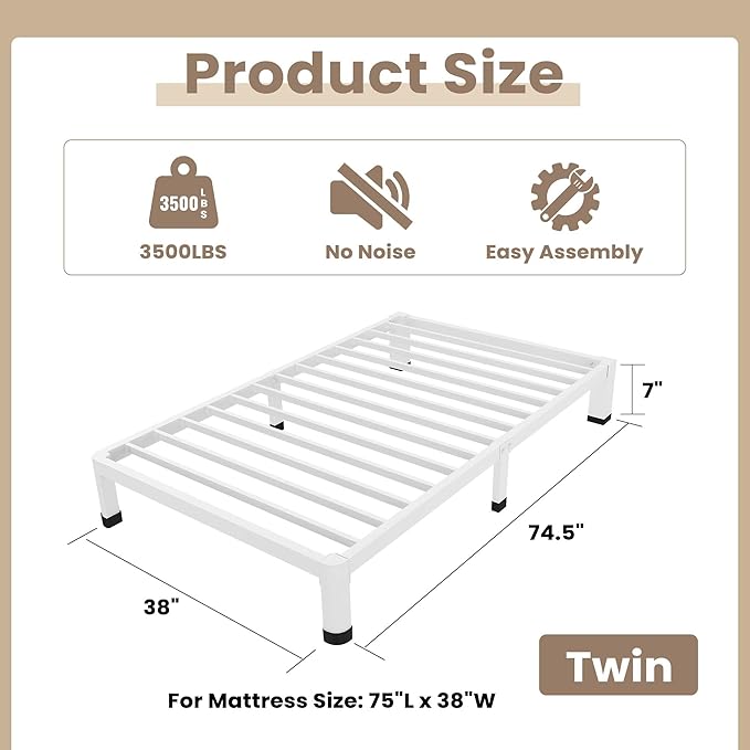 ROIL 7 Inch White Twin Bed Frame with Rounded Corner and Mattress Retainers, 3500LBS Heavy Duty Steel Slats No Box Spring Needed Platform Noise-Free Easy Assembly