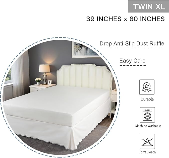 HIG Off-White Chic Twin XL Bed Skirt - Easy Fit Scallop Edge Pleated Bedskirts, 14 Inch Drop Anti-Slip Dust Ruffle, Thick Fabric for Enhanced Privacy, Pre-Washed for Long-Lasting Use(N60022)