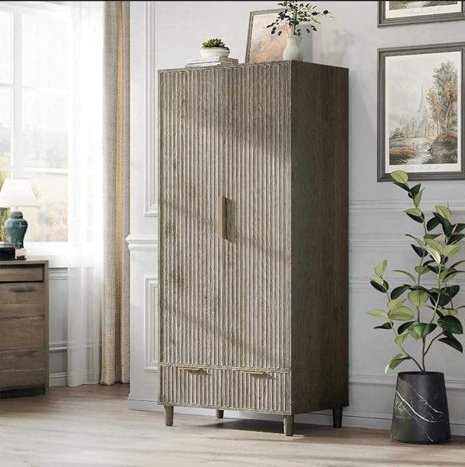 VINGLI Fluted Armoire Wardrobe Closet Wooden with Doors and Drawers, Wardrobe Cabinet with Hanging Rack, Bedroom Closet Wood, Free Standing Armoire with Shelf and Solid Wood Legs, Grey