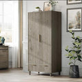 VINGLI Fluted Armoire Wardrobe Closet Wooden with Doors and Drawers, Wardrobe Cabinet with Hanging Rack, Bedroom Closet Wood, Free Standing Armoire with Shelf and Solid Wood Legs, Grey