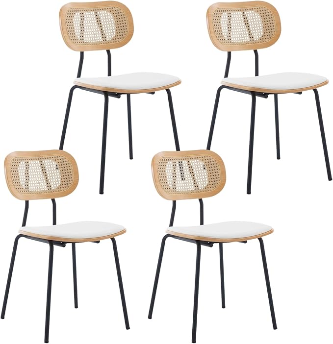 HEAH-YO Dining Chairs Set of 4, Upholstered Faux Leather Rattan Dining Chairs with Backrest and Metal Legs, Armless Kitchen Rattan Chairs for Dining Room, White