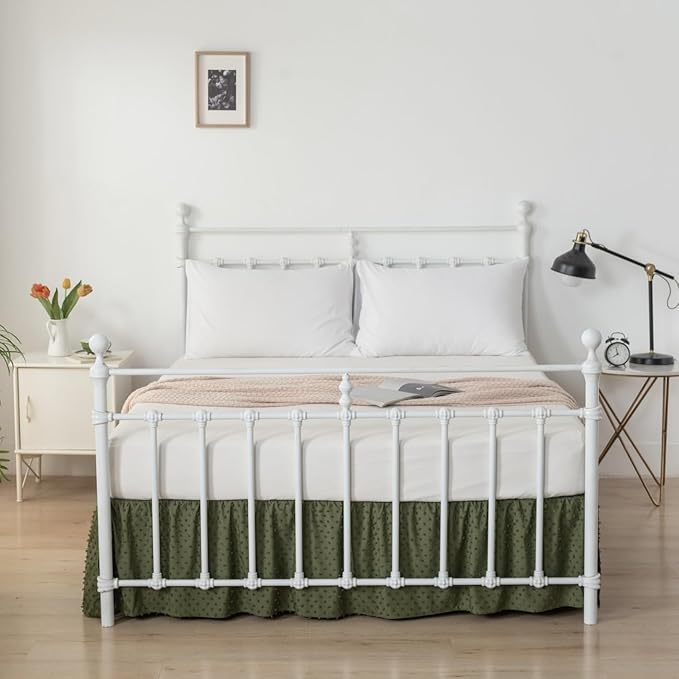 Tufted Dot Bed Skirt Full Size Ruffled Bed Skirt with Split Corners, 14 Inch Drop Dust Ruffle Bed Skirts with Platform, Olive Green