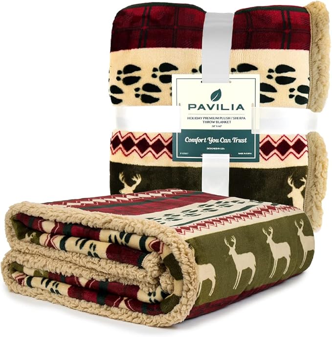PAVILIA Premium Christmas Blanket Sherpa Fleece Throw Twin| Plush Christmas Decoration, Reindeer, Cozy Reversible Winter Holiday Cabin Blanket for Sofa Couch 60x80