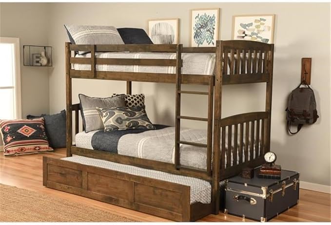 Kodiak Furniture Claire Wood Twin Over Twin Bunk Bed with Trundle Bed in Rustic Walnut Brown Finish - Mattresses Not Included