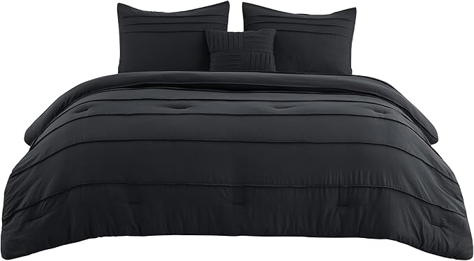 Bedsure Full Comforter Set - 4 Pieces Pinch Pleat Bed Set, Black Boho Bedding for All Season, 1 Soft Comforter, 2 Pillowcases, 1 Decorative Pillow