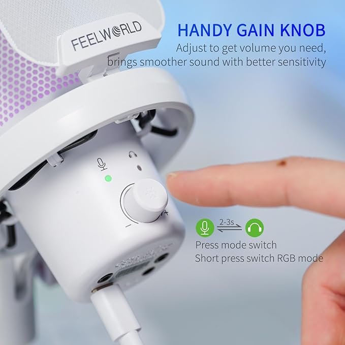 FEELWORLD VM1 White Gaming PC USB Microphone Condenser Mic with Noise Cancellation Mute RGB Light, Computer Accessories Gifts for Gamer YouTube Twitch Podcast Streaming Recording Online Chat PS4 PS5