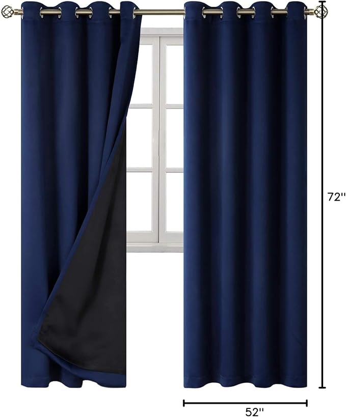 BGment Thermal Insulated 100% Blackout Curtains for Bedroom with Black Liner, Double Layer Full Room Darkening Noise Reducing Grommet Curtain (52 x 72 Inch, Navy Blue, 2 Panels)