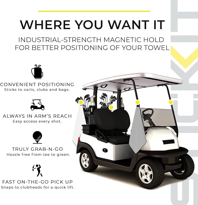 STICKIT Magnetic Towel, Grey | 2-Pack | Top-Tier Microfiber Golf Towel with Deep Waffle Pockets | Industrial Strength Magnet for Strong Hold to Golf Carts or Clubs