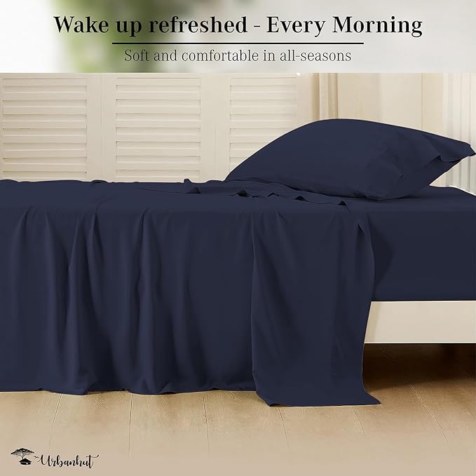 URBANHUT 800 Thread Count 100% Cotton Twin Size Sheets, Luxury 4 Piece Twin Bedsheets, Hotel Sheets Sateen Finish - Better Than Egyptian, 14" Elasticized Deep Pocket - Navy Blue