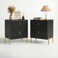 Luxury Fluted Night Stand Set of 2, Nightstand with 2 Drawers, Modern Bedside Table with Golden Legs and Handles, End Tables for Living Room Bedroom, Black