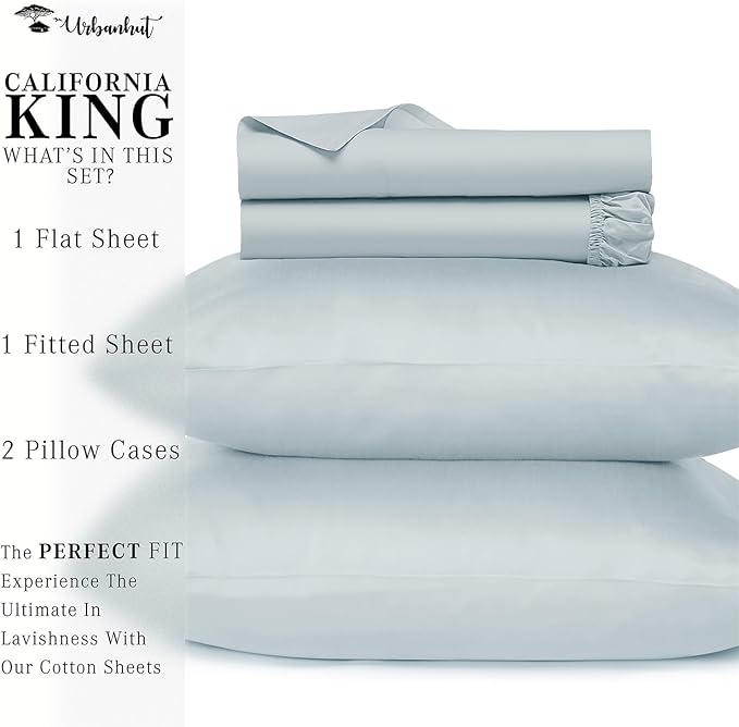 URBANHUT 800 Thread Count 100% Cotton California King Size Sheets, Luxury 4 Piece Cal King Bedsheets, Hotel Sheets Sateen Finish - Better Than Egyptian, 16" Elasticized Deep Pocket - Light Blue