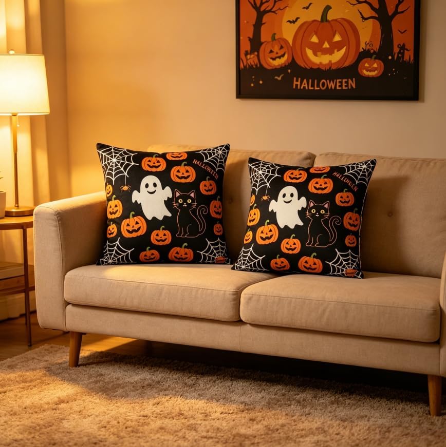 Halloween Throw Pillow Covers, Ghost Pumpkin Spider Web Black Cat Design - Image 4