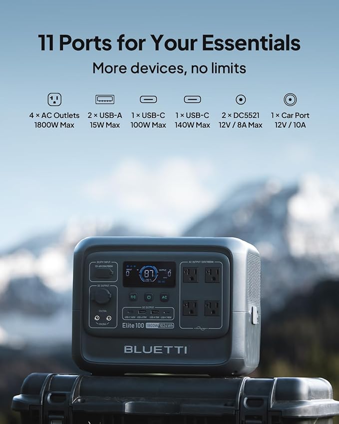 BLUETTI Elite 100 V2 Portable Power Station (2025 New), 1024Wh LiFePO4 Battery Backup w/ 4 1800W AC Outlets (3600W Surge), 35% Smaller, Solar Generator for Camping, Outages, and UPS Backup