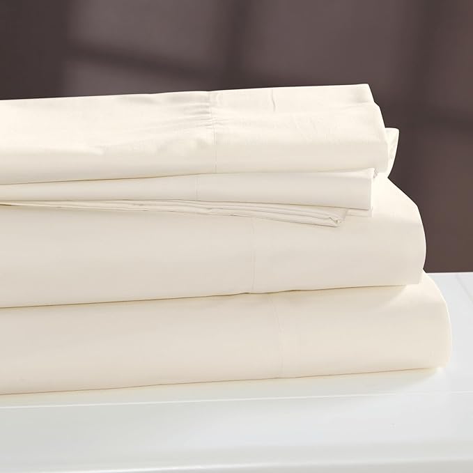 Cuddledown Dreamstead 100% Cotton Bed Sheets Set | 300 Thread Count | Luxurious Sateen Weave | Pure Combed Cotton | Soft | Wrinkle Resistant | 4 Piece Set | Ivory | King | 78” x 80”