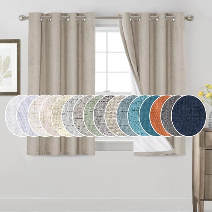 PrinceDeco Linen Blackout Curtains 100% Blackout Curtains for Bedroom Grommet Room Darkening Curtains & Drapes Thermal Insulated White Liner Noise Reducing Window Treatment Drapes,52" W x 54" L,Stone
