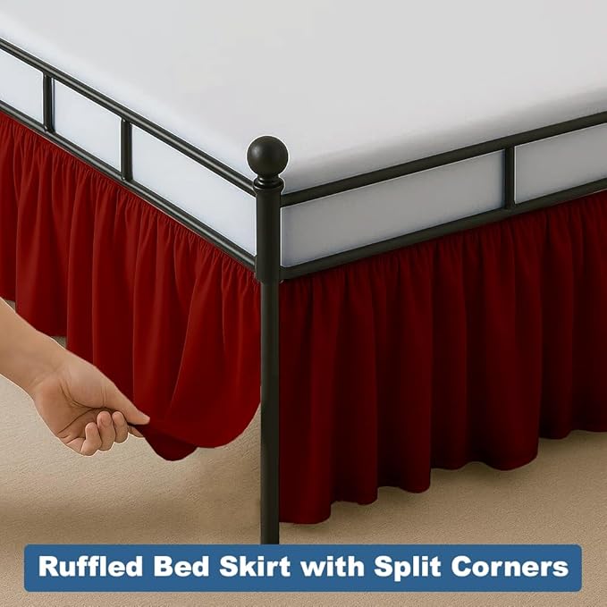 Ruffled Bed Skirt Split Corners with Platform, Tailored Fit Hotel Quality Wrinkle Free Ultra-Soft Microfiber Dust Ruffle, Upto 12 Inch Drop, King, Burgundy