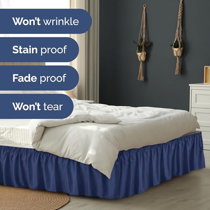 Wrap Around Dust Ruffle Bed Skirt - Navy Blue - for Queen Size Beds w/ 14 Inch Drop - Easy Fit Elastic Strap - Adjustable Pleated Bedskirt with Brushed Fabric, Wrinkle Free Women, Men, Kids and Teens