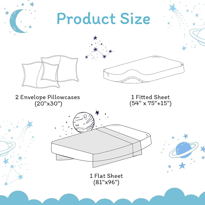 JSD Gradient Blue Moon Stars Kids Sheet Set Full Size, 4 Piece Space Theme Microfiber Sheets Deep Pocket