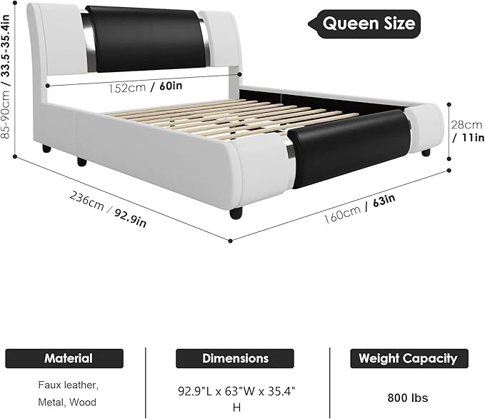 TTVIEW Modern Faux Leather Upholstered Platform Bed Frame with Iron Metal Decor, Adjustable Curved Headboard, Wooden Slats Support, No Box Spring Needed, Queen Size, Blackwhite