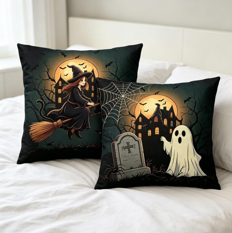 Halloween Throw Pillow Covers, 18x18 Inch, Ghost Pumpkin Haunted House Design - Image 5