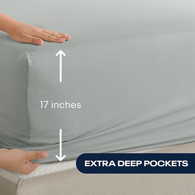 Reebok Queen Sheet Set from Tencel Eucalyptus - Soft, Cooling & Breathable for Hot Sleepers, Deep Pocket Up to 17 Inches, 4Pc Hotel Luxury Bedding Set, Bedsheet & Pillowcases (Lunar Rock, Queen)