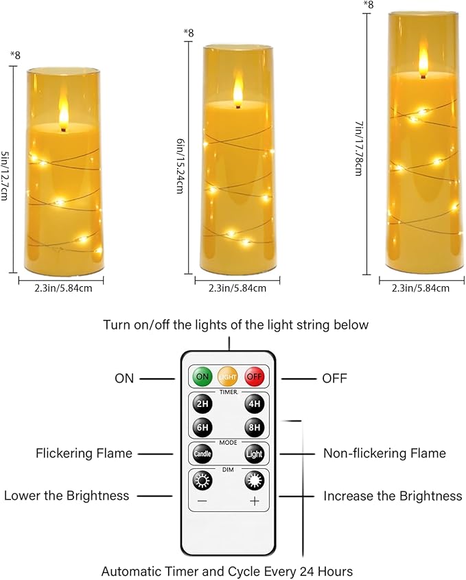 Flameless LED Candles with Timer 24 Pc Flickering Flameless Candles for Romantic Ambiance and Home Decoration Stable Acrylic Shell,with Embedded Star String，Battery Operated Candles(Gold)