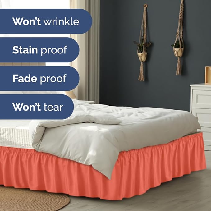 Wrap Around Dust Ruffle Bed Skirt - Coral - for Full Size Beds with 12 Inch Drop - Easy Fit Elastic Strap - Adjustable Pleated Bedskirt w/Brushed Fabric - Wrinkle Free - for Women, Men, Kids & Teens