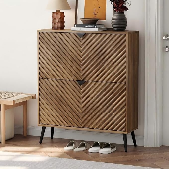 Shoe Cabinet, Entrance Shoe Storage Cabinet with Diamond Parquetry 2 Flip Drawers, Narrow Shoe Cabinet Storage for Entryway, Shoe Organizer Cabinet with Black Handles, Slim Shoe Rack Cabinet (Walnut)