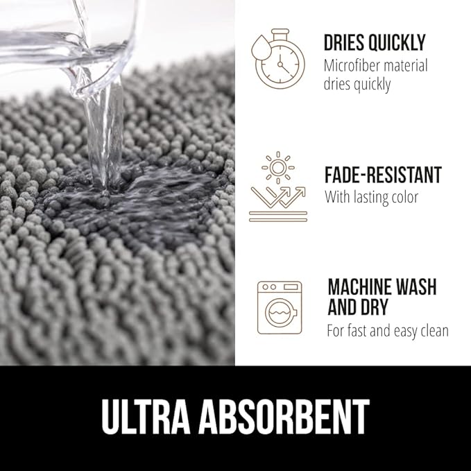 GORILLA GRIP Bath Rug Mat 60x24, Thick Soft Absorbent Chenille, Quick Dry Microfiber Mats, Rubber Backing Washable Shower Floor Rugs, Bathmat Runner, US Designed Bathroom Home Decor Accessories Grey