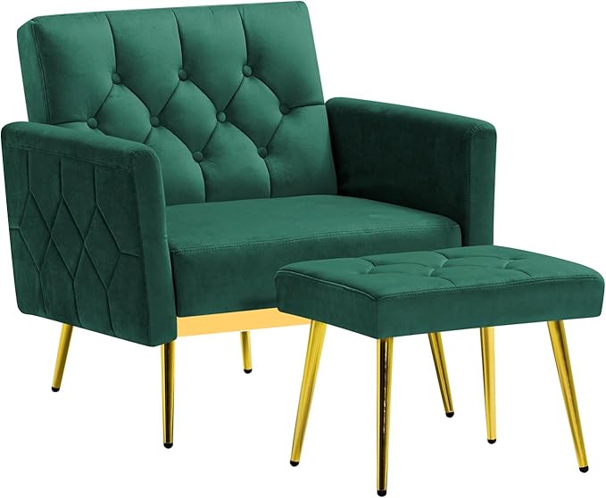 Velvet Accent Chair w/Adjustable Armrests and Backrests, Tufted Single Armchair w/Ottoman, Upholstered Reading Chiar for Living Room, Apartment, Bedroom, Green
