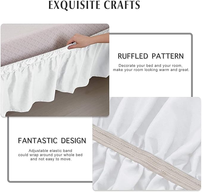 MEILA Wrap Around Bed Skirt Three Fabric Sides Elastic Dust Ruffled 18 Inch Tailored Drop,Easy to Install Fade Resistant-White, Twin/Full