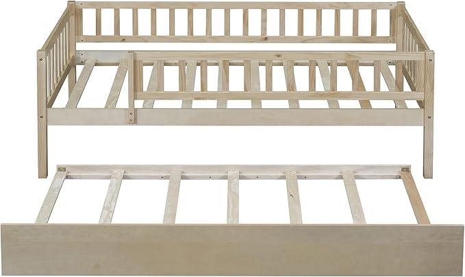 Bellemave Twin Bed Frames with Rails for Kids, Twin daybed Frame with Trundle for Boys/Girls/Adults， Natural