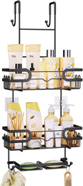 SWTYMIKI Over The Door Shower Caddy With Double Soap Holder, Hanging Shower Caddy With 16 Hooks, No Drilling Hanging Shower Organizer Over Door To Organize Bathroom Essentials, Black