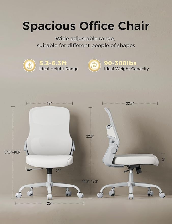 Office Chair, Mesh Ergonomic Desk Chairs, Lumbar Support, Adjustable Height, Armless, Swivel Function and Smooth-Rolling Wheels for Home, Office and Gaming (Gray)